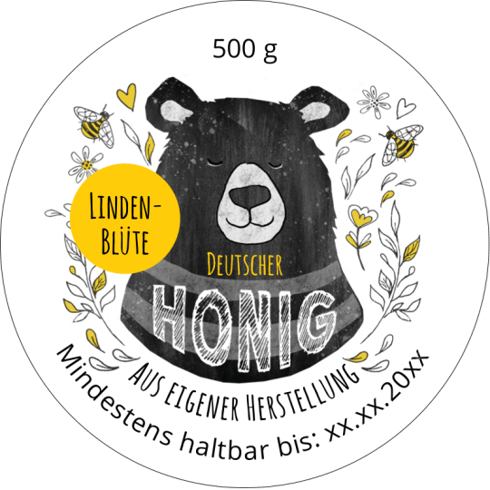 Auf dem Honigetikett ist ein Bär zu sehen, umrandet von Blumen. Neben Angaben zum Imker, steht groß "Honig" auf dem Etikett.