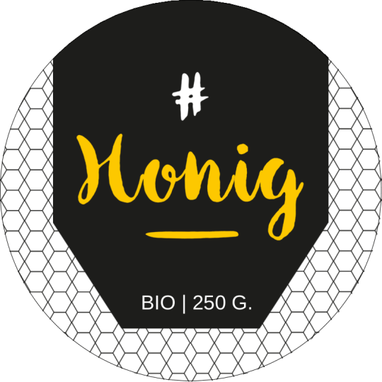 Ein Honigetikett, auf dem auf schwarzem Hintergrund der Text "# Honig Bio 250g" steht. Der Hintergrund sind Honigwaben in Schwarz-Weiß.