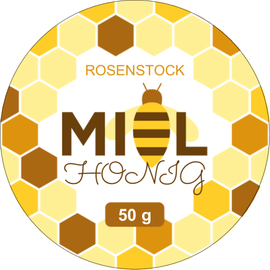 Den Hintergrund des Honigetiketts bilden gelb-braune Honigwaben. In der Mitte steht "Rosenstick MIEL Honig" und die Füllmenge von 50g.