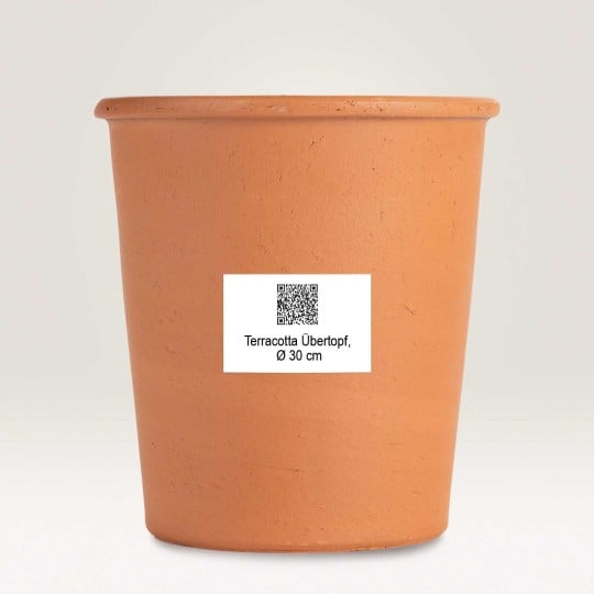 Terracotta Topf mit QR Sode und Beschreibung auf Thermo-Etikett