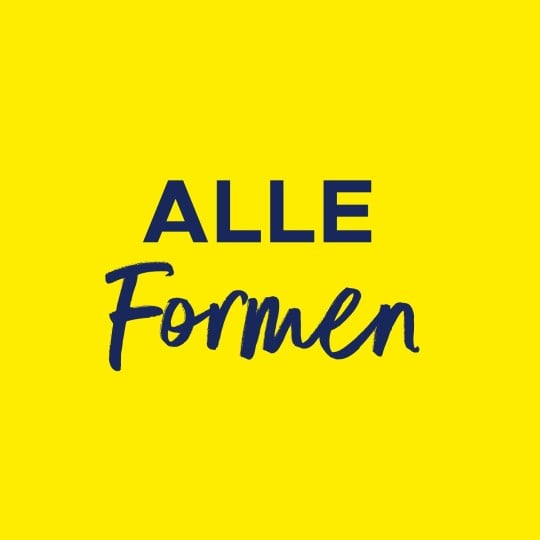 Auf einem gelben Hintergrund steht der Text "Alle Formen"