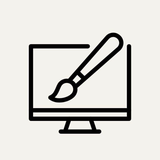 Auf einem beigen Hintergrund ist ein Bildschirm Icon zu sehen, mit einem Pinsel. Es soll dafür stehen, dass ein Design online erstellt werden kann.