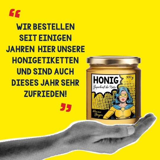 Hand mit Honig und einer Shopbewertng von Avery