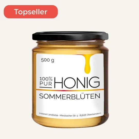 Ein Honigglas mit einem weißen Etikett sowie einem Icon namens Topseller sind zu sehen.