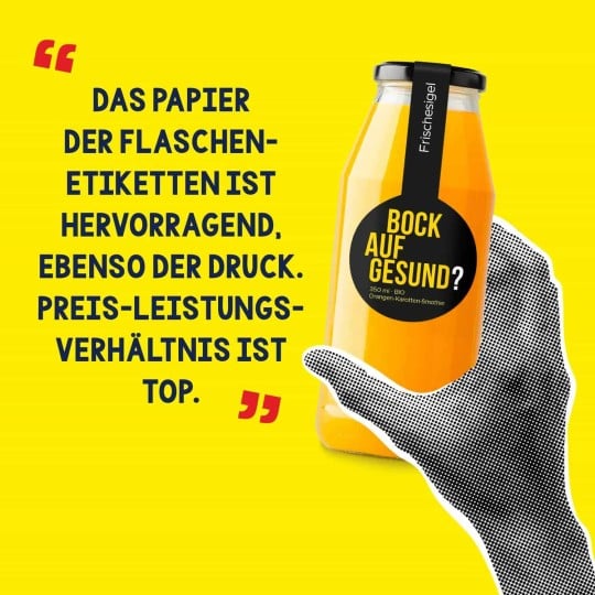 Flaschenetikett mit der Aufschrift Bock auf gesundes auf einer Orangeflasche. Text: Das Papier der Flaschenetiketten ist hervorragend. Ebenso der Druck. Preis-Leistungsverhältnis ist top.