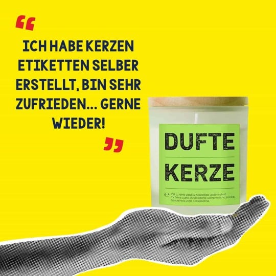 Kerze mit Etikett und der Aufschrift Dufte Kerze. mit dem Text Ich habe Kerzenetiketten selber erstellt. Bin sehr zufirenen... gerne wieder!