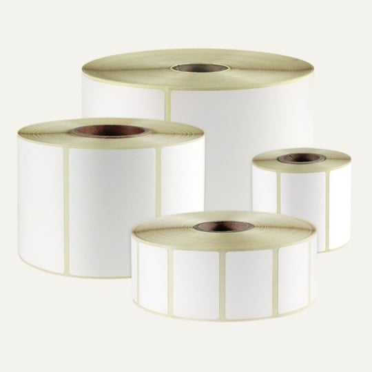 Verschiedene Thermoetiketten auf Rolle sind zu sehen.
