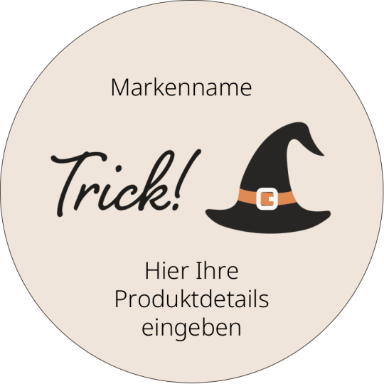 Auf dem runden Halloween-Aufkleber ist das Wort Trick und ein Hut zu sehen.