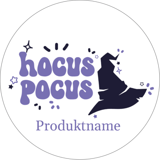 Auf dem runden Halloween Aufkleber ist ein Hut und die Worte Hocus Pocus zu lesen.