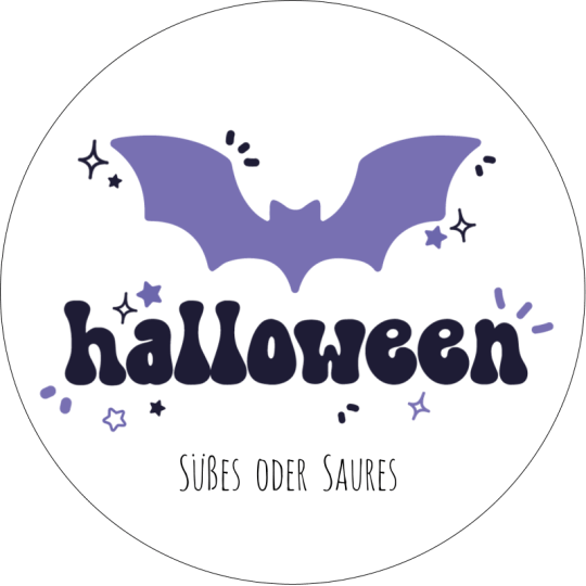 Auf dem runden Halloween-Aufkleber ist eine Fledermaus und das Wort Halloween zu sehen.