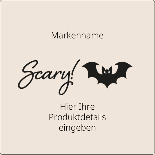 Auf dem Bild ist ein quadratischer Halloween-Aufkleber mit einer Fledermause und dem Wort Scary zu sehen.