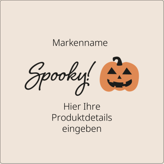 Auf dem Bild ist ein quadratischer Halloween-Aufkleber mit dem Wort Spooky und einem Kürbis zu sehen.