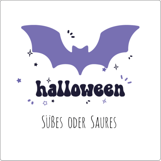 Auf dem Bild ist ein quadratischer Aufkleber mit einer Fledermaus und dem Wort Halloween zu sehen.