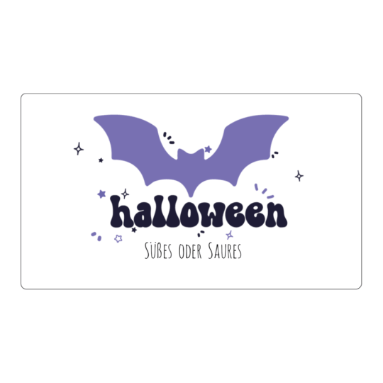 Auf dem rechteckigen Halloween-Aufkleber ist eine Fledermaus und der Text Halloween zu sehen.
