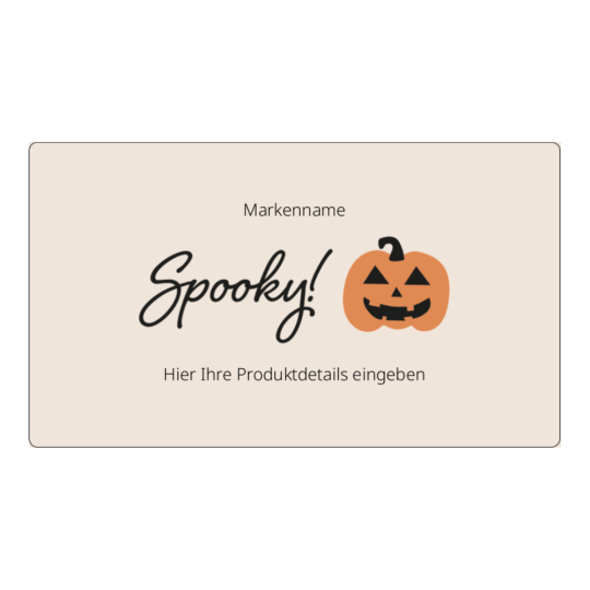 Auf dem Bild ist ein rechteckiger Halloween-Aufkleber mit dem Wort Spooky und einem Kürbis zu sehen.
