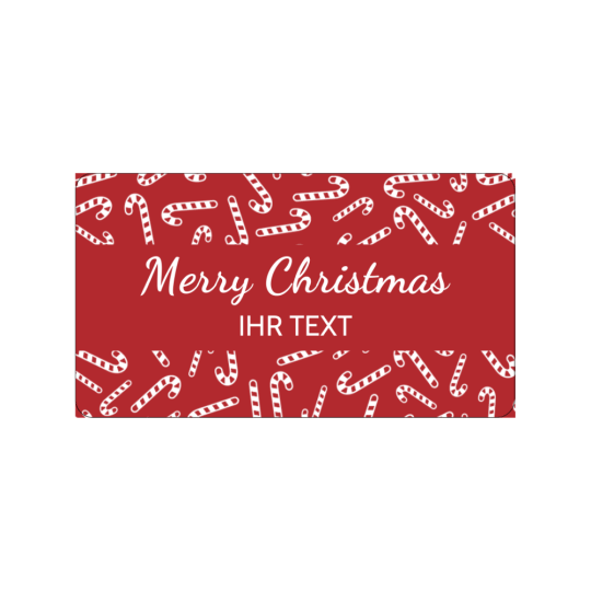 Diese Weihnachtsetikettenvorlage zeigt oben und unten weiße Zuckerstangen und in der Mitte befindet sich ein Platzhalter für Text. Die Vorlage hat einen dunkelroten Hintergrund.