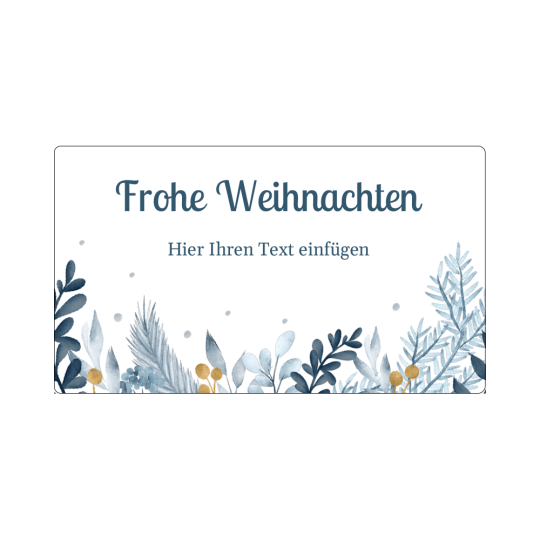 Diese Weihnachtsetiketten-Vorlage zeigt unten verschiedene weihnachtliche Äste und darüber ein Textfeld mit ,,Frohe Weihnachten" und einem Platzhalter zum Text einfügen.