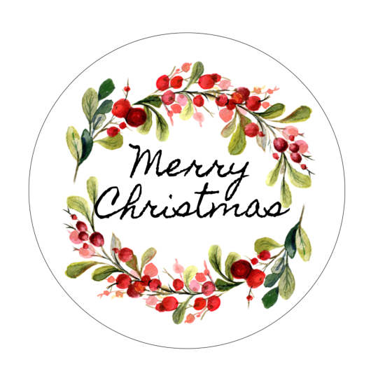 Diese runde Weihnachtsetiketten-Vorlage zeigt einen Kranz aus grünen Blättern und roten Beeren, in dessen Mitte "Merry Christmas" steht.