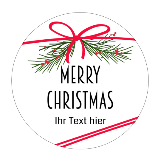 Diese runde Weihnachtsetiketten-Vorlage zeigt eine ,,Merry Christmas" Aufschrift mit einer roten Schleife und Mistelzweig darüber. Darunter befindet sich ein Platzhalter für Text.