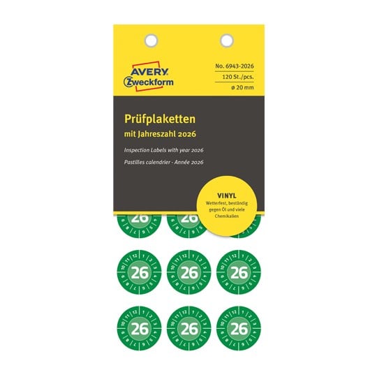 Eine Avery Packung, in der grüne Prüfplaketten für 2026 sind. Prüfplaketten sind aus Vinyl, wetterfest und beständig gegen Öl und viele Chemikalien.