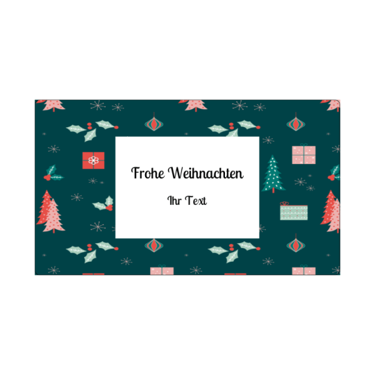 Diese Weihnachtsetiketten-Vorlage zeigt einen dunkelgrünen Hintergrund mit weihnachtlichen Motiven und einem weißen Textfeld.