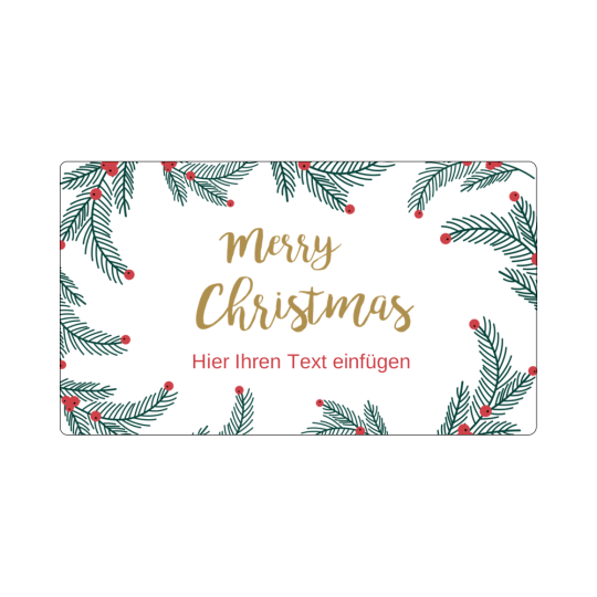 Diese Weihnachtsetiketten-Vorlage zeigt ein Merry Christmas Logo umrandet von Tannenzweigen und einen Platzhalter für Text auf weißem Hintergrund.