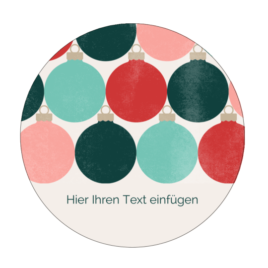 Diese runde Weihnachtsetikettenvorlage zeigt oben verschiedenfarbige Christbaumkugeln und unten ist ein Platzhalter für Text.