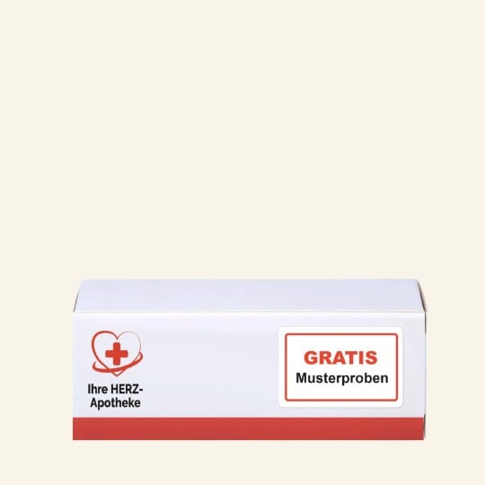 Produkt-Packung der Herz-Apotheke mit Aufkleber "Gratis-Musterprobe"