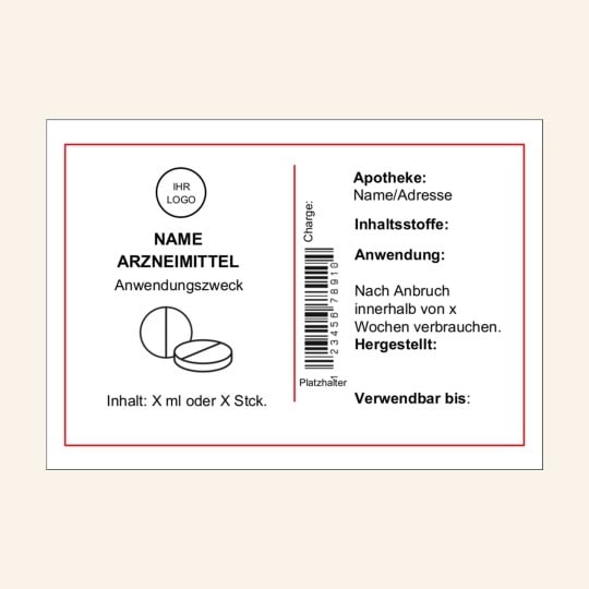 Vorlage für ein Medikamenten-Etikett mit Rezeptur-Angaben für Apotheken