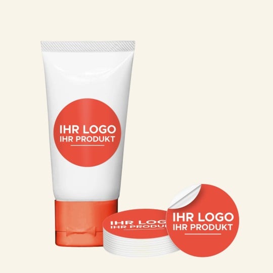 Tube mit Aufkleber und einzelne orange Logosticker mit "Hier Ihr Logo" Aufschrift
