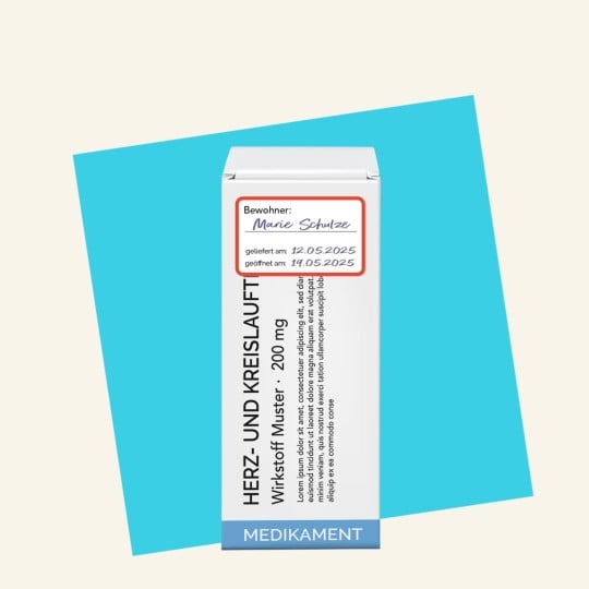 Produkt-Packung der Herz-Apotheke mit Aufkleber "Gratis-Musterprobe"