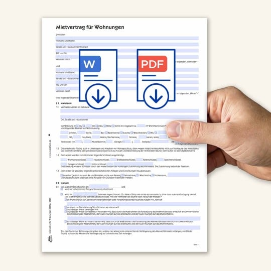 Das Bild zeigt eine Hand, die ein Formular mit PDF- und Word-Logo hält.