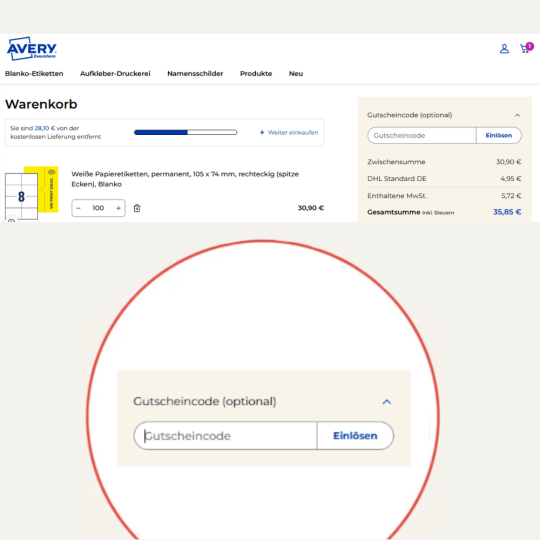 Das Bild zeigt wie man einen Gutschein im Warenkorb eingibt.