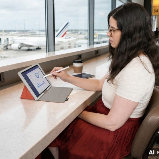 Eine Frau sitzt mit ihren Trigo Schreibtischetui und Tablet am Flughafen.