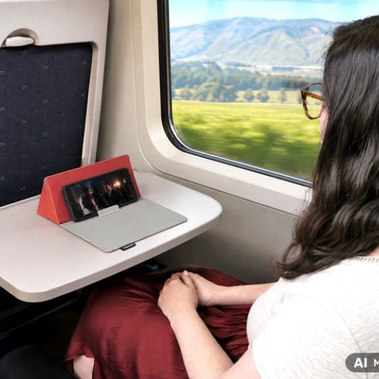 Eine Frau nutzt das Trigo Schreibtischetui, um im Zug etwas am Handy anzuschauen.