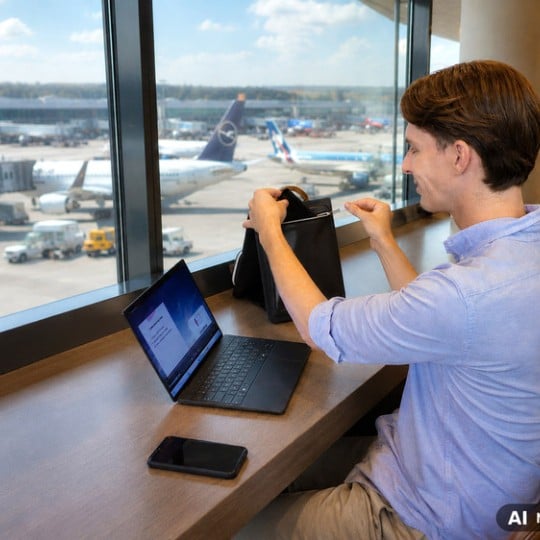 Ein Mann arbeitet am Flughafen mit dem Trigo Büro-Organizer.