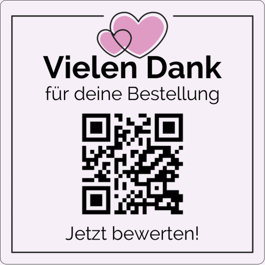 Auf dem quadratischen Aufkleber ist ein QR Code und der Text "Vielen Dank" inkl. Herzchen.