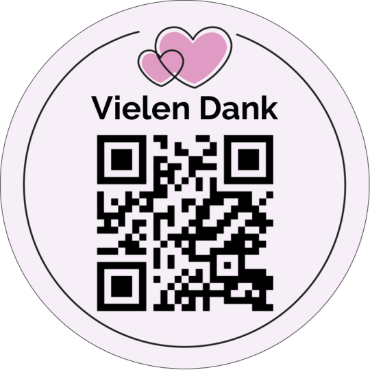 Auf dem Aufkleber ist ein QR Code und der Text "Vielen Dank" inkl. Herzchen.