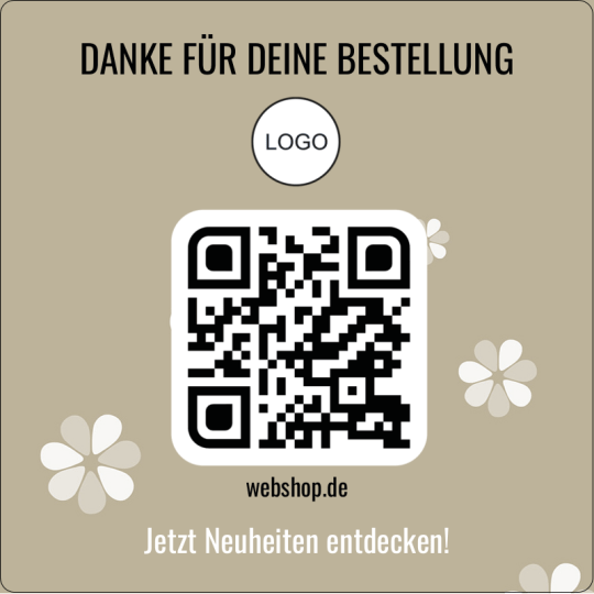 Auf dem quadratischen Aufkleber ist ein QR Code und der Text "Danke für deine Bestellung".