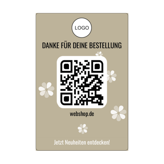 Auf dem rechteckigen Aufkleber ist ein QR Code und der Text "Danke für deine Bestellung".