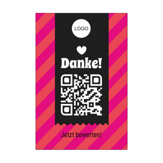 Auf dem rechteckigen Aufkleber ist ein QR Code und dem Text "Danke. Jetzt bewerten!".