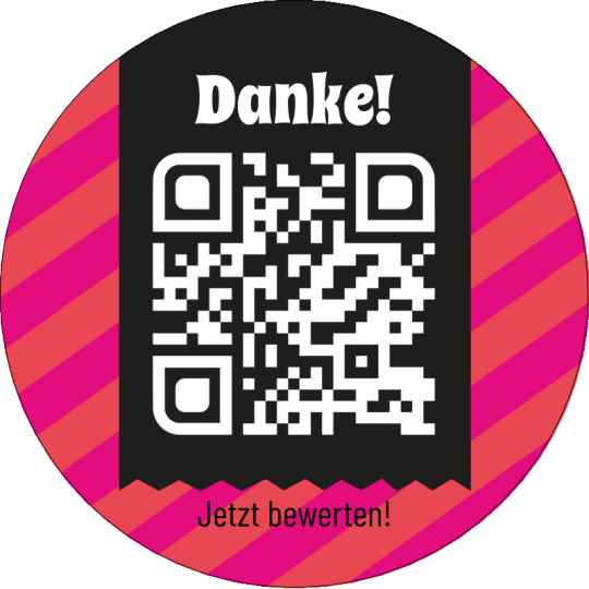 Auf dem Aufkleber ist ein QR Code und dem Text "Danke. Jetzt bewerten!".