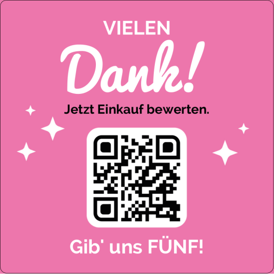 Auf dem quadratischen Aufkleber ist ein QR Code und der Text "Danke und gib uns Fünf".