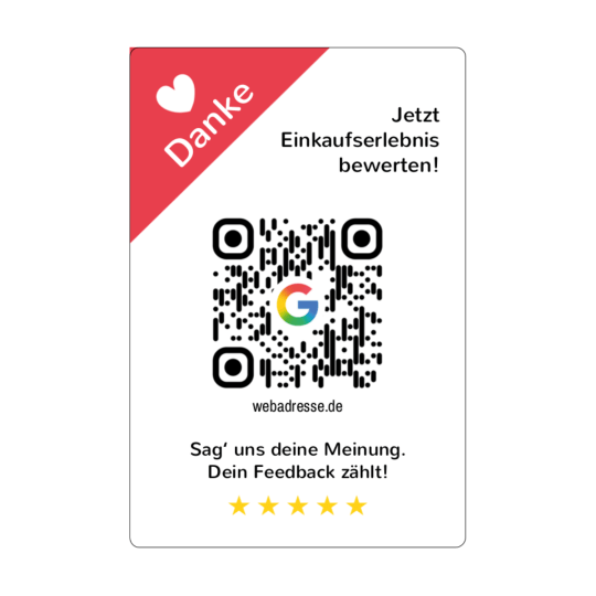 Auf dem rechteckigen Aufkleber ist ein QR Code und der Aufforderung, das Einkaufserlebnis zu bewerten.