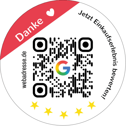 Auf dem Aufkleber ist ein QR Code und der Aufforderung, das Einkaufserlebnis zu bewerten.