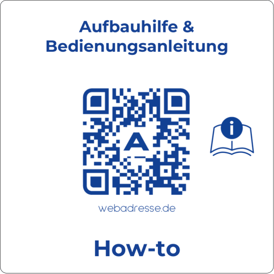 Auf dem quadratischen Aufkleber ist ein QR Code für ein How To zur Aufbauhilfe und Bedienungsanleitung.