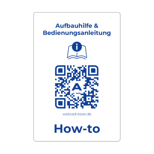Auf dem rechteckigen Aufkleber ist ein QR Code für ein How To zur Aufbauhilfe und Bedienungsanleitung.