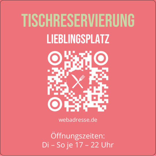 Auf dem quadratischen Aufkleber ist ein QR Code für eine Tischreservierung.