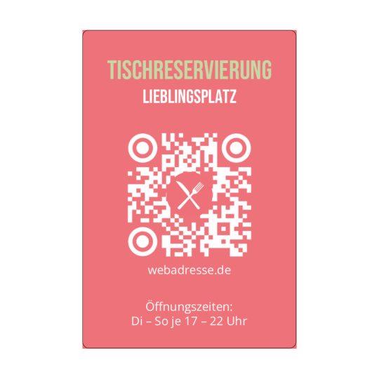 Auf dem rechteckigen Aufkleber ist ein QR Code für eine Tischreservierung.