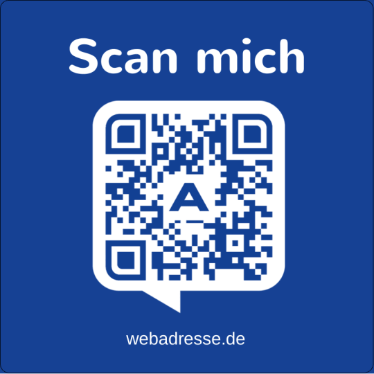 Auf dem quadratischen Aufkleber ist ein QR Code mit der Aufforderung "Scan mich".